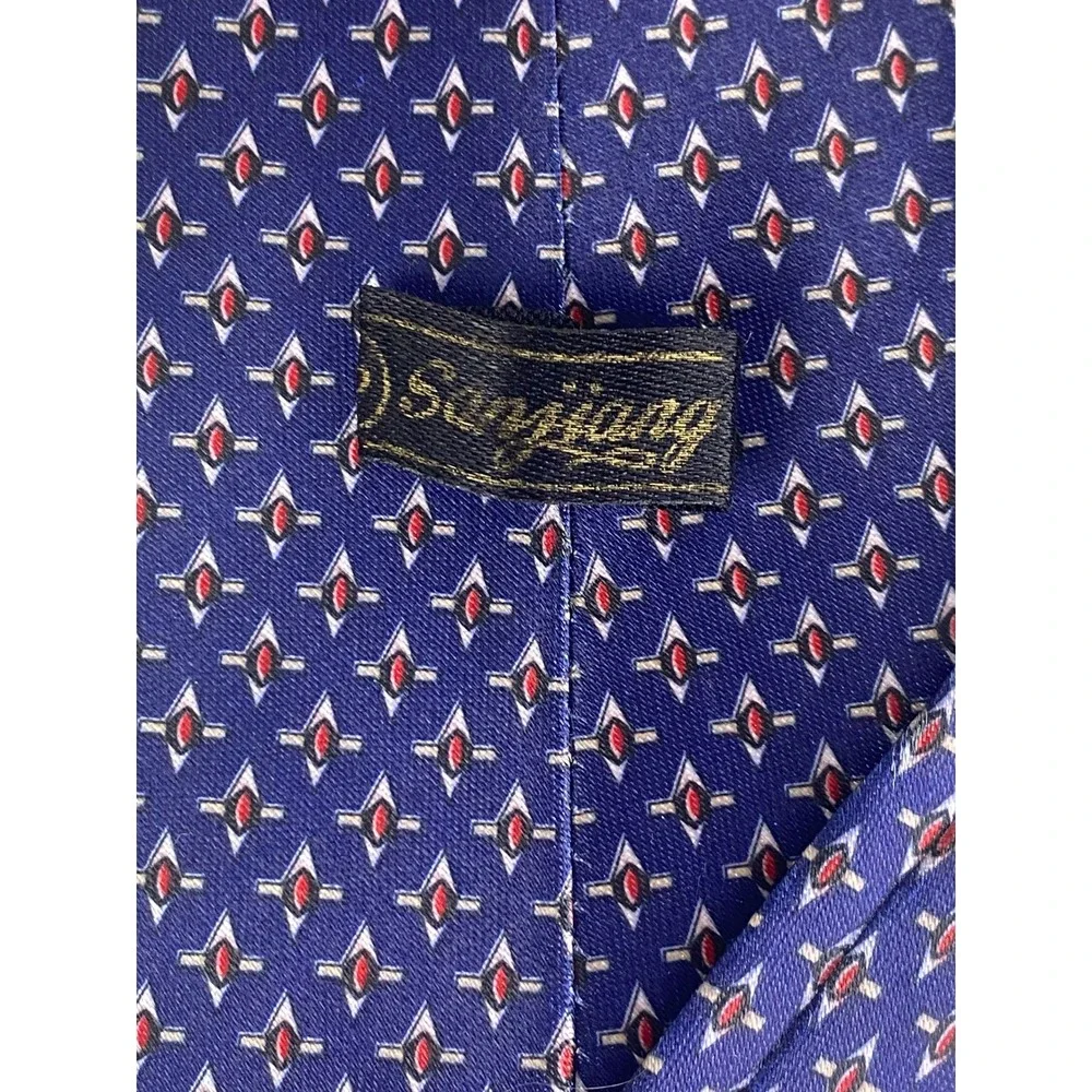 Sanjiang Mens Tie Blue Red Geometric Diamond Pattern Foulard Business 56x4